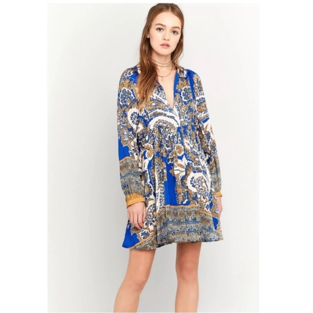 Free People Blue Boho Paisley Floral Babydoll Mini Dress Size XS Whimsical